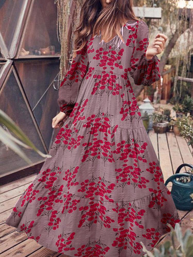 Puff Sleeve V-Neck Floral Loose Casual Dress For Women - Trendha
