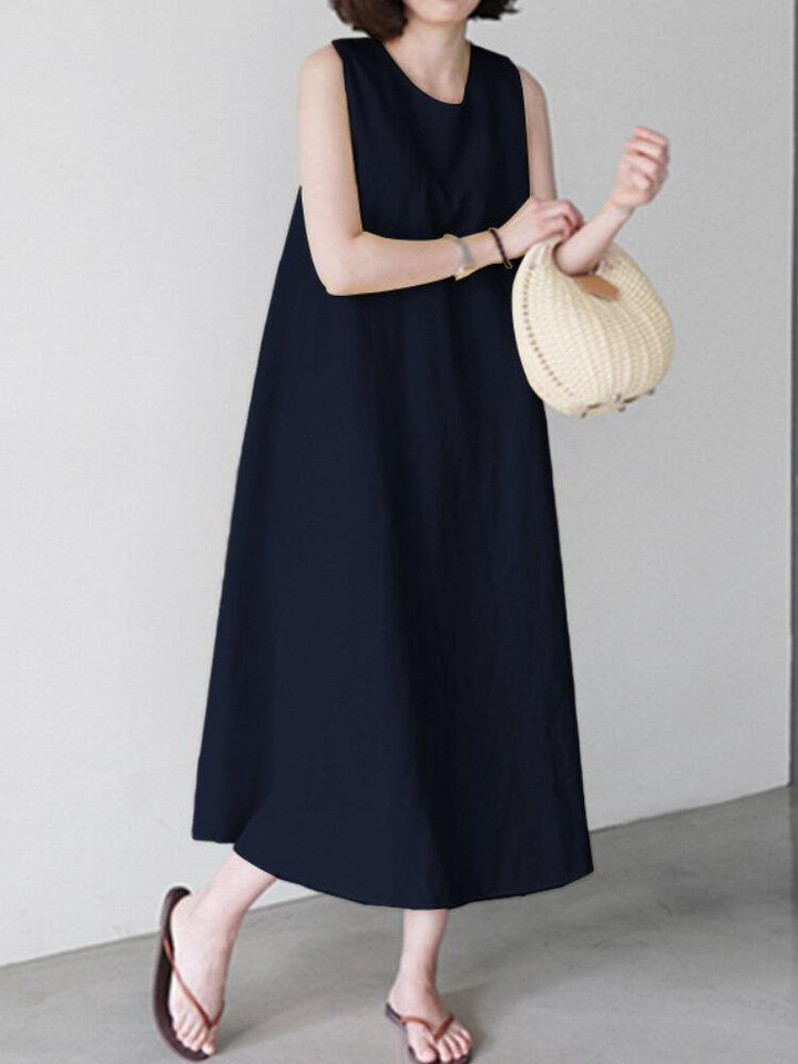 Women Solid Color Sleeveless O-Neck Casual Elegant Dress With Pockets - Trendha