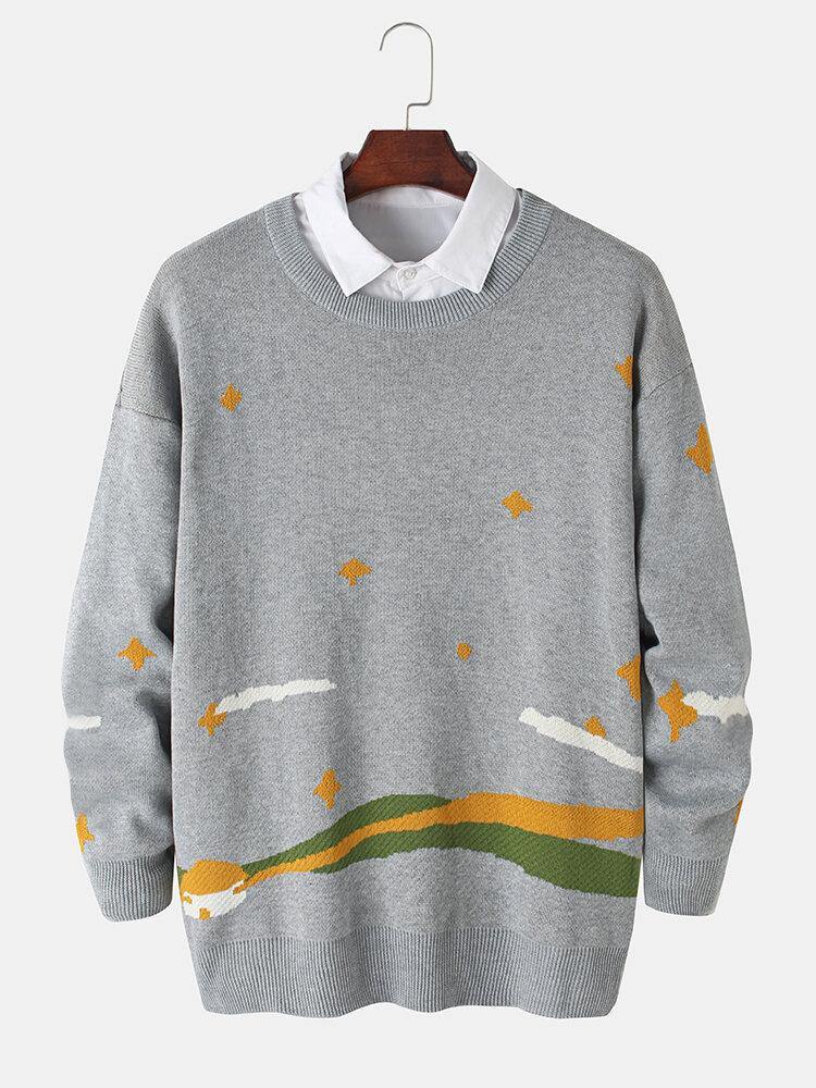 Mens Starry Sky Pattern Knitting Drop Shoulder Pullover Sweaters - Trendha