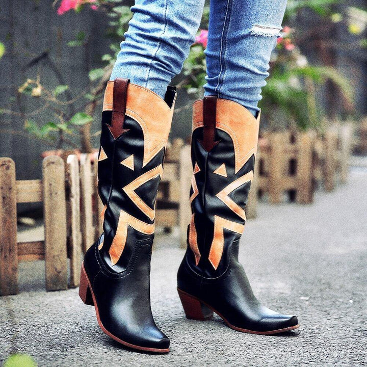 Large Size Women Pointed Toe Splicing High Square Heel Long Cowboy Boots - Trendha