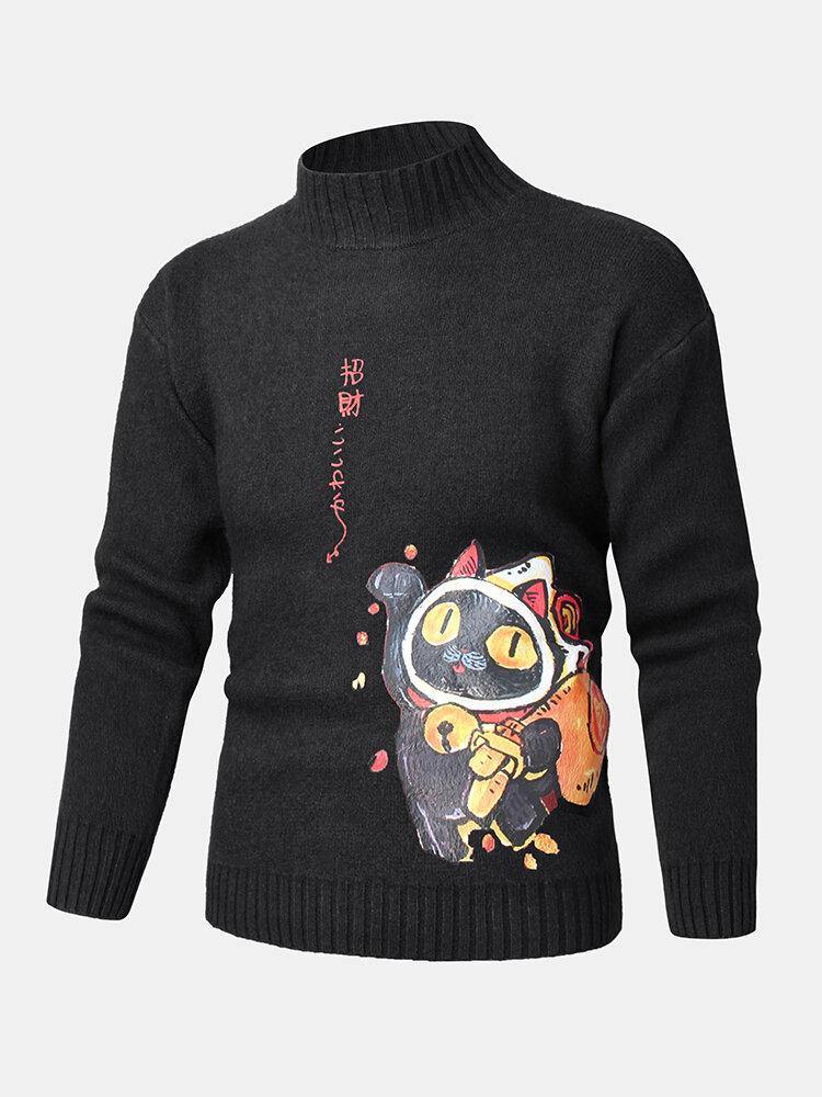 Mens Cartoon Cat & Ethnic Style Character Pattern High Neck Knitted Pullover Sweaters - Trendha