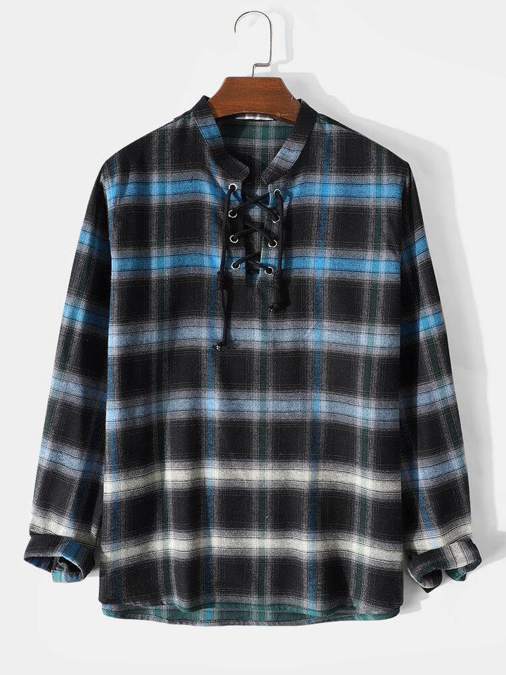 Mens Plaid Ombre Bandage Front Casual Long Sleeve Henley Shirts - Trendha