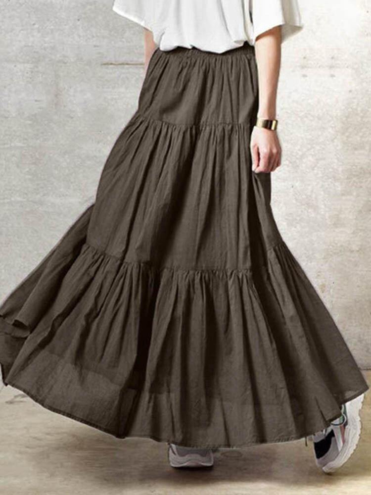 Solid Color Big Swing Elastic Waist Pleated Casual Long Skirt For Women - Trendha