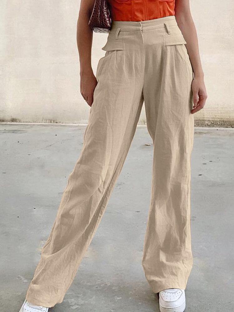 Women Zipper High Waist Wide Leg Pants Solid Color Casual Trousers With Pocket - Trendha