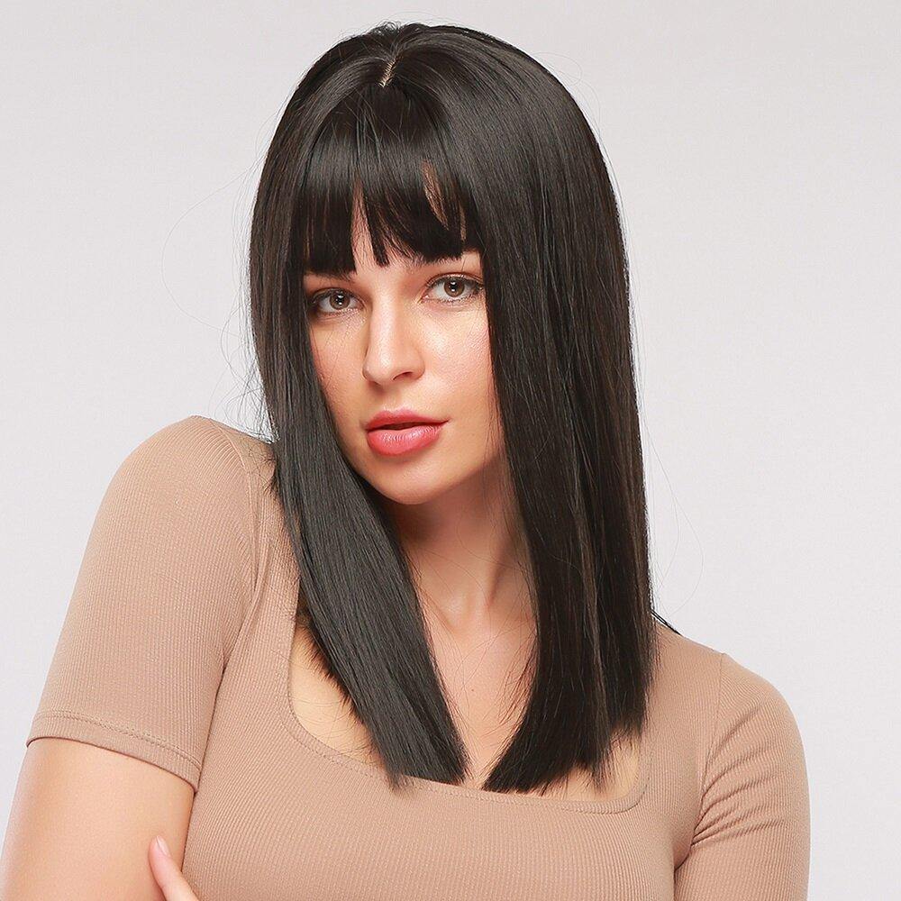 16 Inch Black Medium Length Straight Hair Natural Shawl Breathable Bangs Synthetic Wigs - Trendha