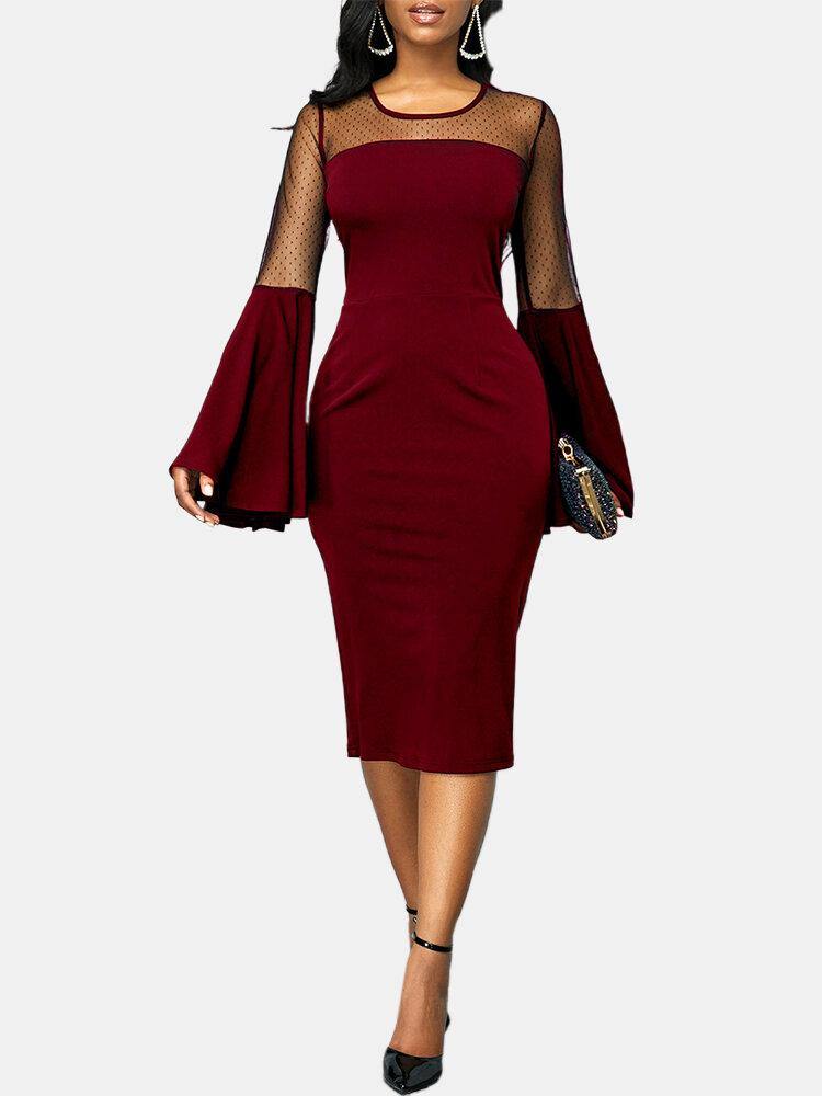 Women Solid Color Stitching Bell Sleeve Party Bodycon Midi Dress - Trendha