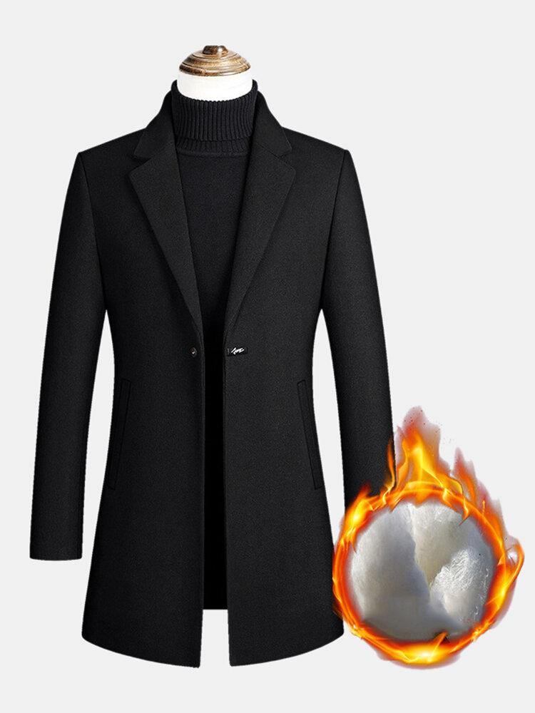 Mens Mid Long Warm Woolen Thick Pocket Long Sleeve Lapel Trench Coats - Trendha
