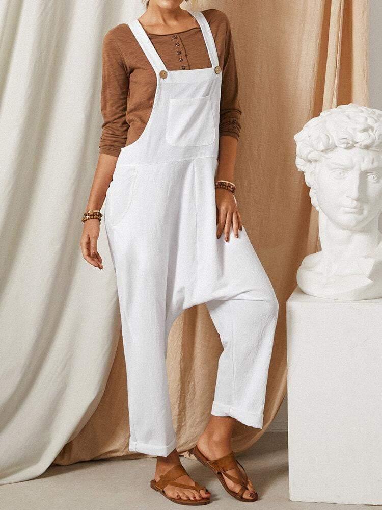 Solid Color Strap Button Pocket Sleeveless Loose Casual Harem Jumpsuit - Trendha