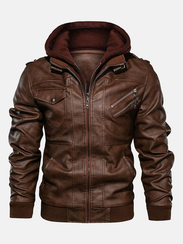 Mens Solid Color Multi Pocket Zipper PU Leather Removable Hooded Jackets - Trendha