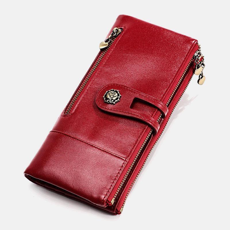 Women Genuine Leather Rfid Antimagnetic Multi-slots 14 Card Slots Zipper Bifold Long Wallet - Trendha