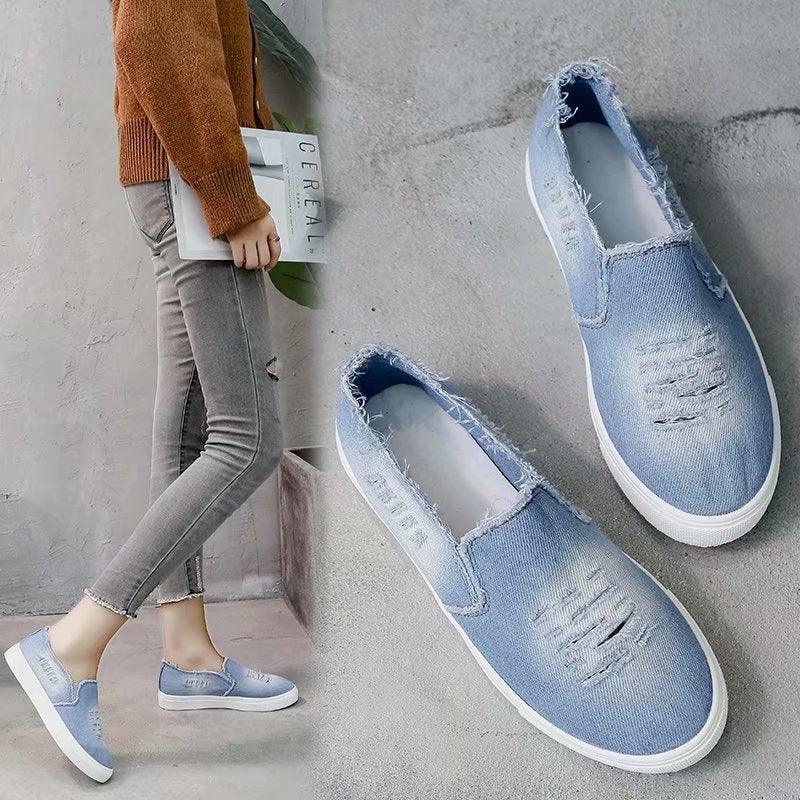 Distressed Denim Round-Toe Slip-On Shoes