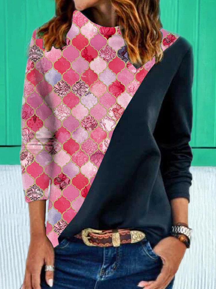 Women Geometry Graphic Patchwork Ethnic Style Heaps Collar Sweatshirts - Trendha