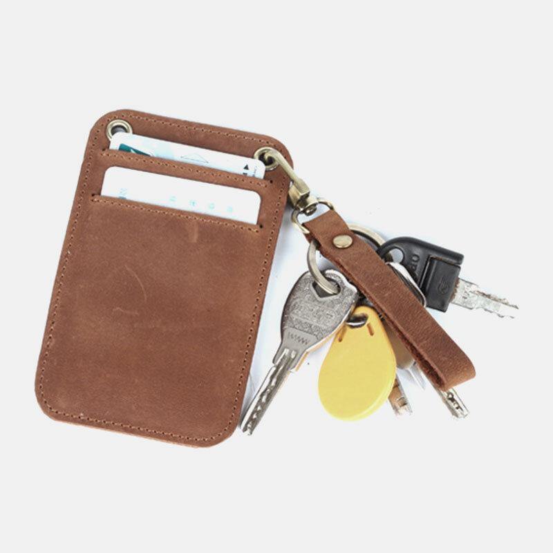 Men Genuine Leather Retro Mini License Card Wallet Card Case With Keychain Ring - Trendha
