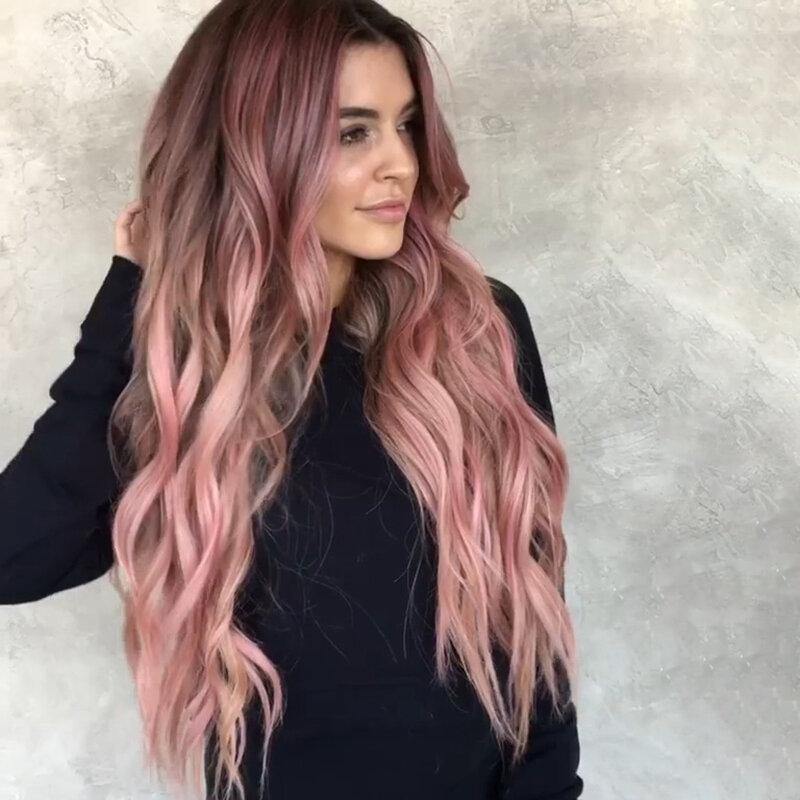 Pink Gradient Long Curly Hair High Temperature Fiber Fluffy Breathable Bangs Wigs - Trendha