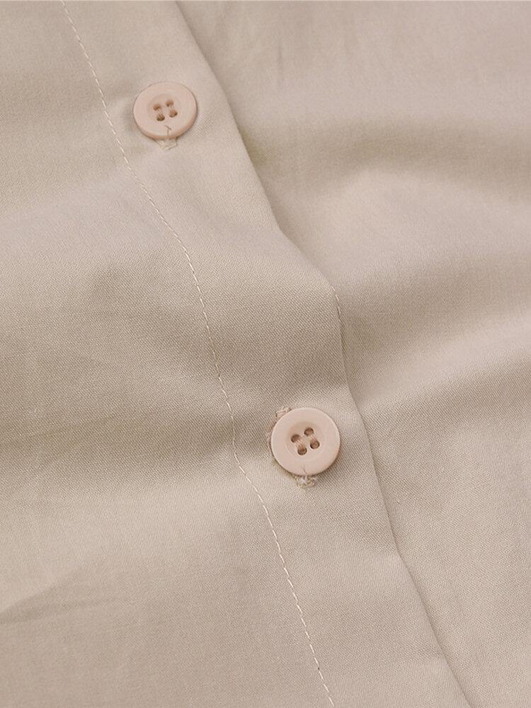 Women 100% Cotton Solid Color Curved Hem Split Lapel Loose Fit Shirt Dress - Trendha