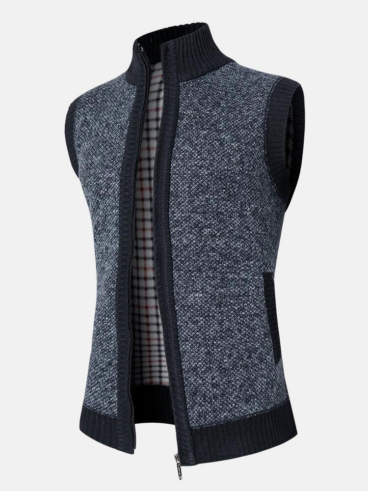 Mens Knit Zip Front Slant Pocket Thick Warm Sleevless Vests - Trendha