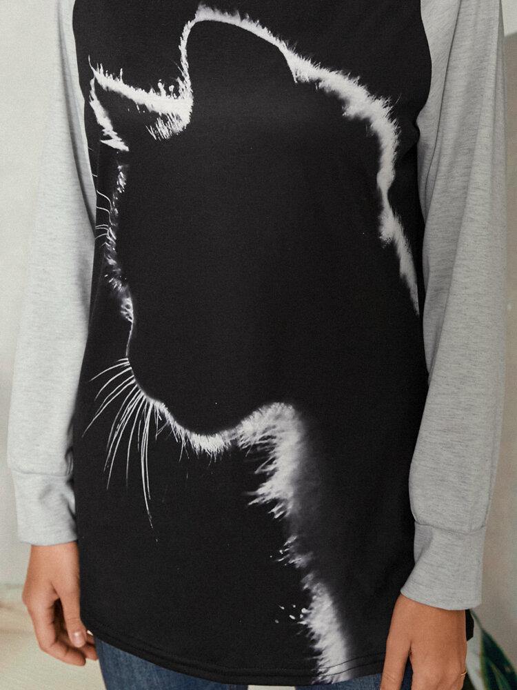 Women Cat Print Round Neck Casual Raglan Sleeve Blouses - Trendha