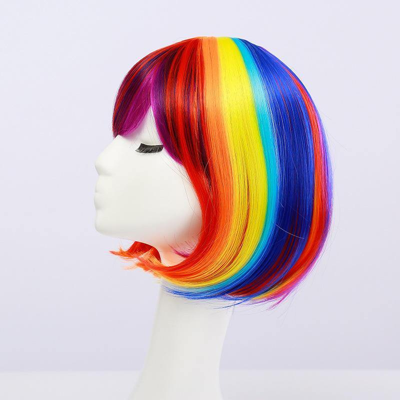 Anime Rainbow Wigs Colorful BOB Head Short Hair Wig Full Bangs High Temperature Wire Headcover Cosplay Hair Wigs - Trendha