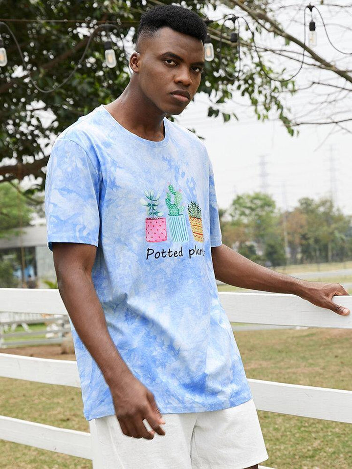 Mens Casual Potted Plants Cotton Tie Dye Print Short Sleeve T-Shirts - Trendha
