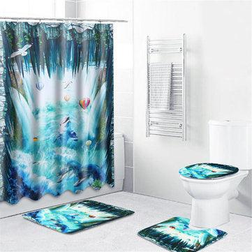 Ocean Waterproof Bathroom Shower Curtain Non-slip Mat Toilet Lid Cover Rug Set - Trendha