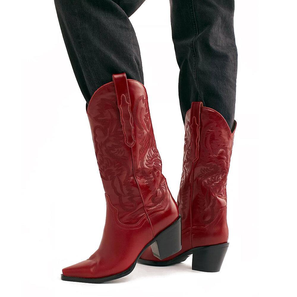 Plus Size Retro Women Floral Chunky Heel Mid-calf Cowboy Boots - Trendha