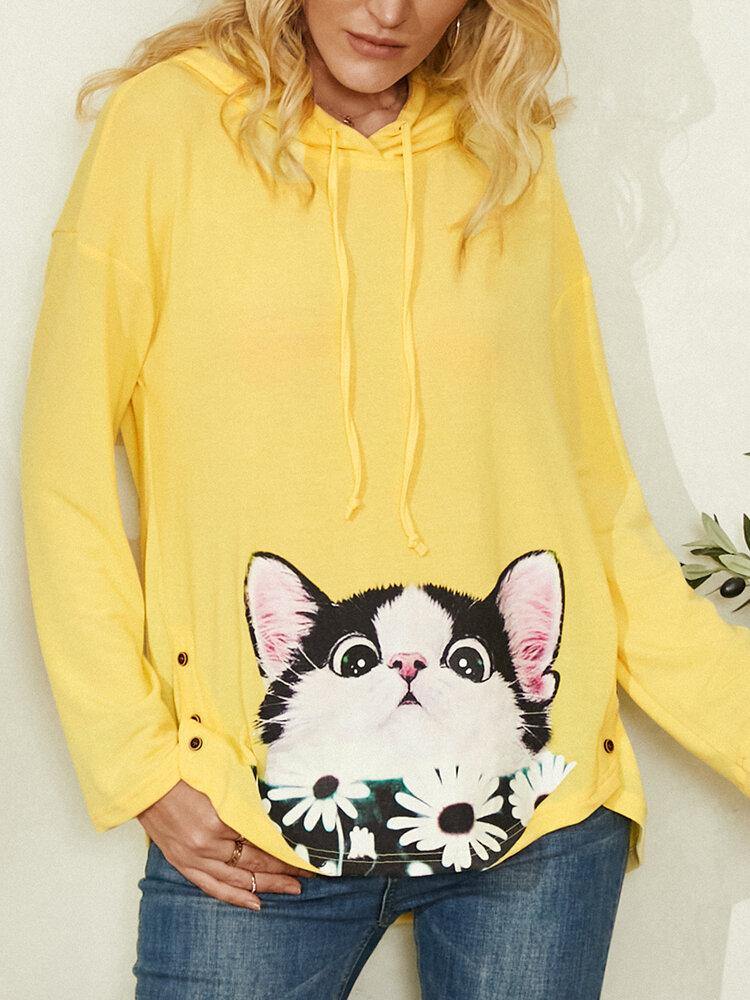 Cartoon Cat Flower Print Side Button Drawstring Curved Hem Pullover Hoodie For Women - Trendha