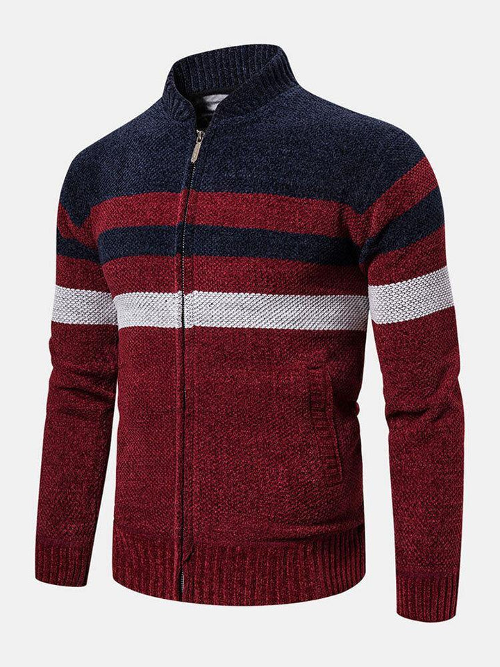Mens Colorblock Striped Slant Pocket Baseball Collar Long Sleeve Sweater Hoodie Jacket - Trendha