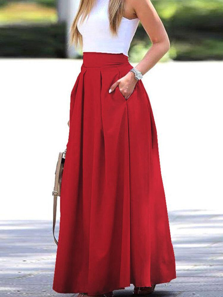 Women Solid Color High Waist Big Swing Zipper Casual Loose Long Skirt With Pocket - Trendha