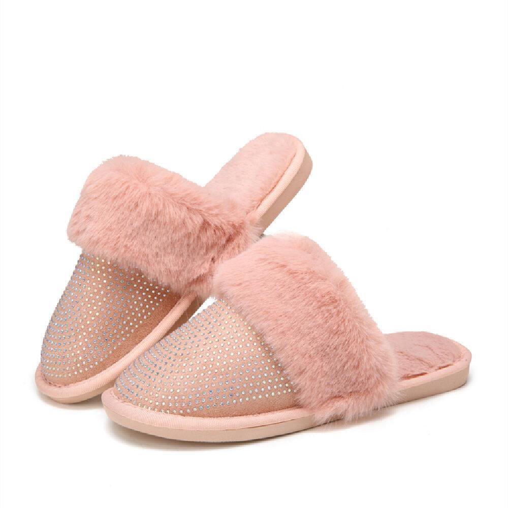 Women's Large Size Solid Color Rhinestone House Furry Slippers - Trendha