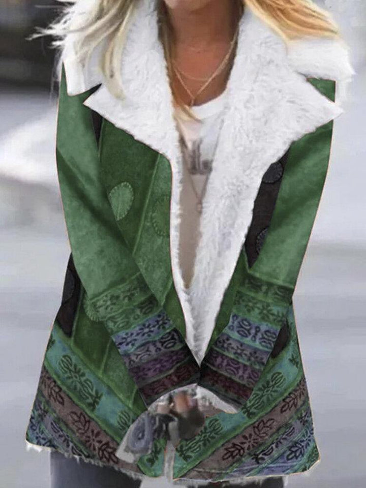 Women Ethnic Print Lapel Fleece Lined Thick Casual Coat - Trendha