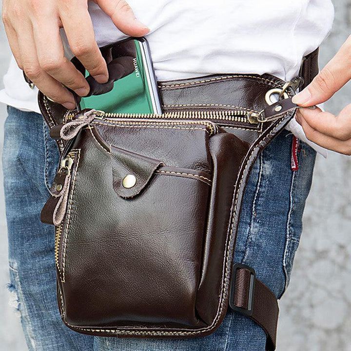 Men Genuine Leather Solid Color Outdoor Sport Practical Wear-resistance Belt Bag Leg Bag Waist Bag - Trendha