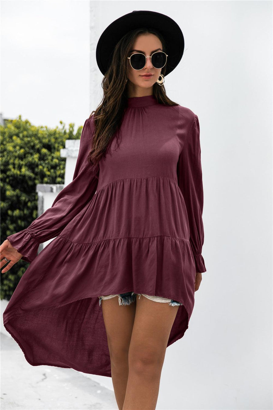 Solid Asymmetrical Patch Pleated Dress - Trendha