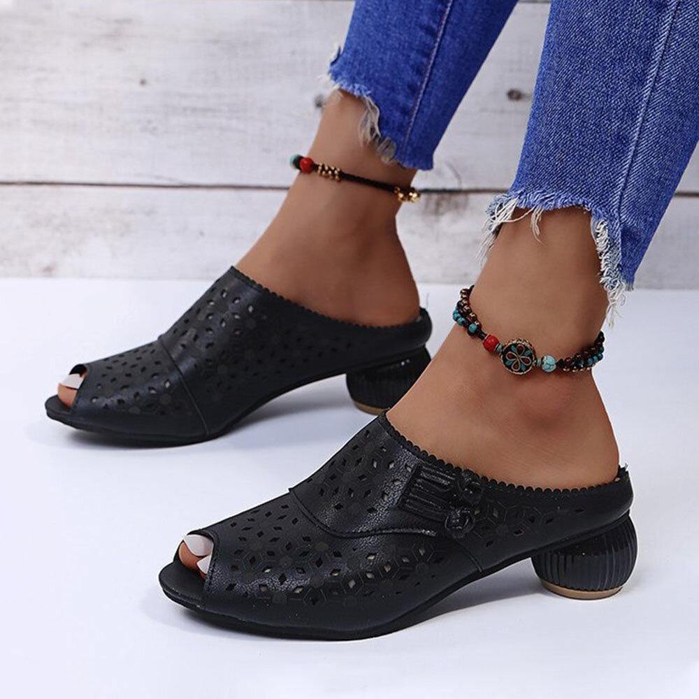 Women Hollow Out Low Heel Comfy Soft Sole Casual Sandals - Trendha