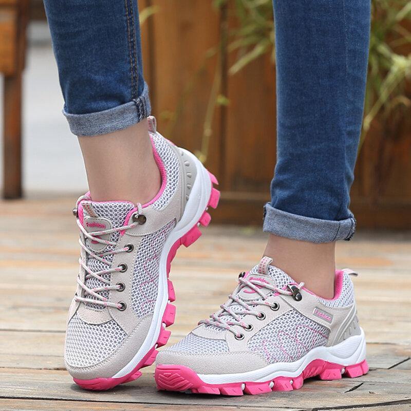 Women Breathable Mesh Slip Resistant Lace Up Hiking Sneakers - Trendha