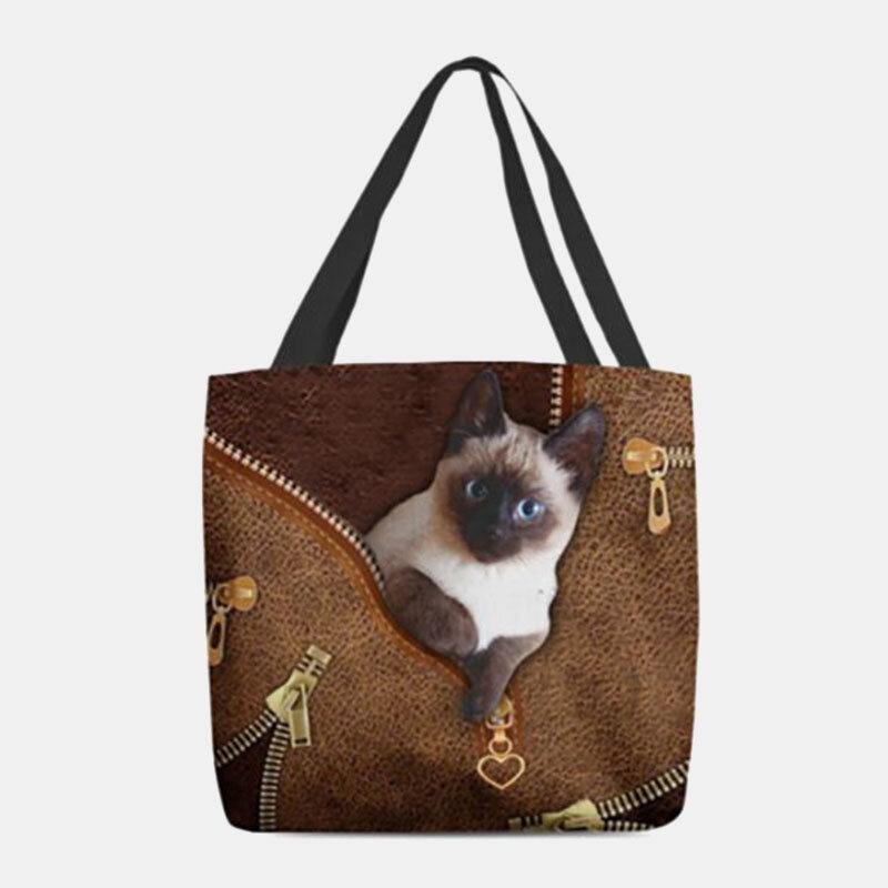 Women Canvas Cute 3D Three-dimensional Cat Pattern Casual Shoulder Bag Handbag Tote - Trendha