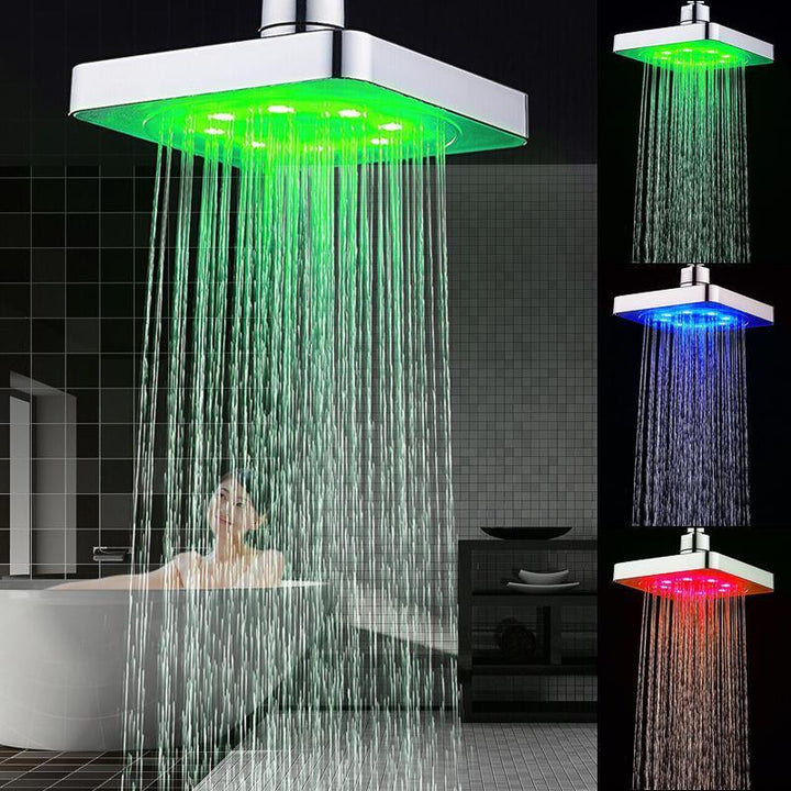 360° Adjustable 6 Inch LED Light Square Rain Shower Head Stainless Steel 3 Color Changing Temperature Control Bathroom Showerhead - Trendha