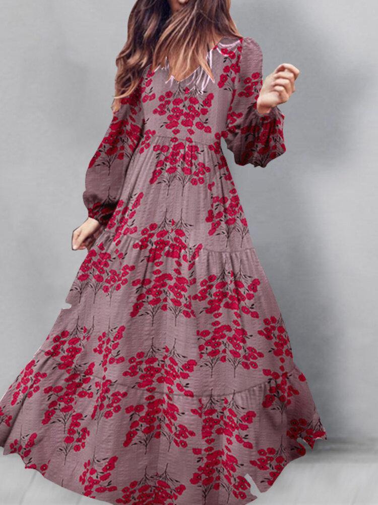 Puff Sleeve V-Neck Floral Loose Casual Dress For Women - Trendha
