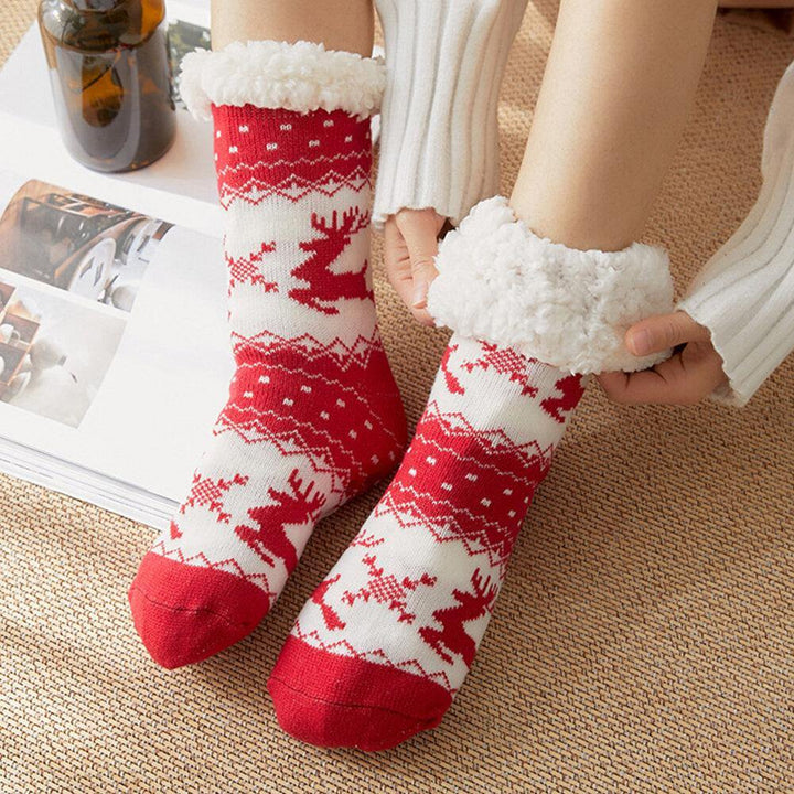 Women Warm Winter Outdoor Christmas Style Elk Snowflake Pattern Plus Velvet Thicken Home Sleep Socks Tube Socks - Trendha