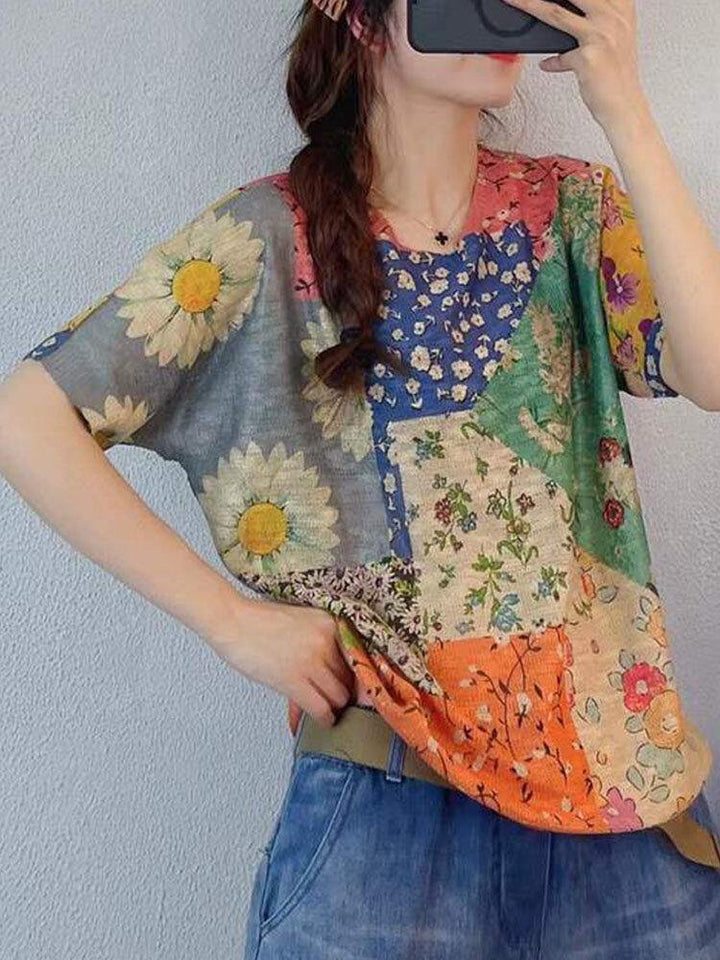 Floral Print Color Block Loose Round neck Short Sleeve Knitted T-Shirt - Trendha