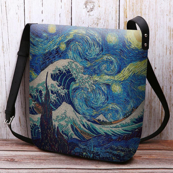 Women Felt Sea Wave Starry Sky Pattern Oil Painting Style Prints Crossbody Bag Shoulder Bag - Trendha