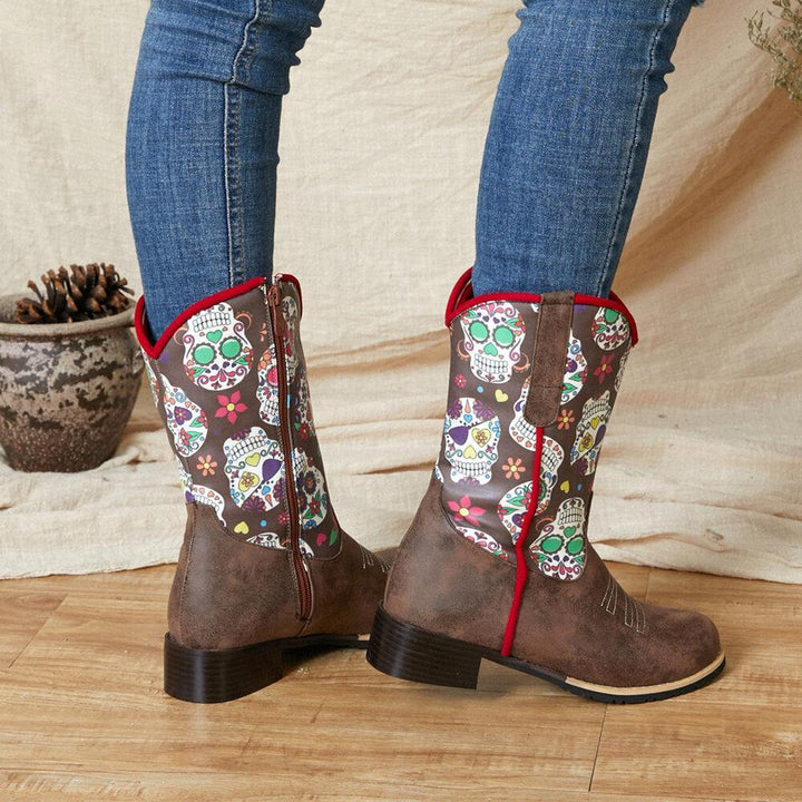 Women Retro Flower Printing Pointed Toe Zipper Mid-calf Cowboy Boots - Trendha