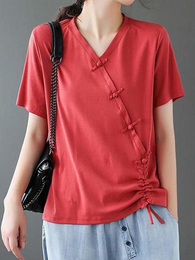 Women loose Solid Color V-neck Short Sleeve Drawstring Ethnic T-Shirt - Trendha
