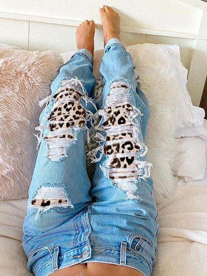 Women Ripped Leopard Frayed Distressed Rigid Mid Waist Casual Jeans - Trendha