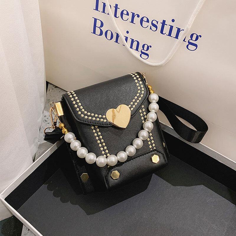 Women PU Leather Heart-shape Hasp Pearl Chain Handbag Shoulder Bag Crossbody Bags - Trendha