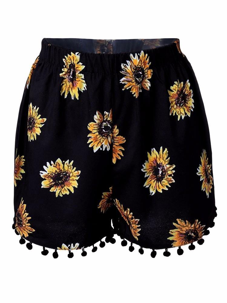 Women Elastic High Waist Sunflower Printed Shorts Casual Beach Shorts - Trendha