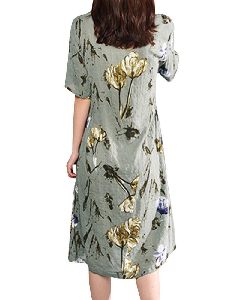 Retro Floral Print Two Pockets Loose Casual Dress For Women - Trendha