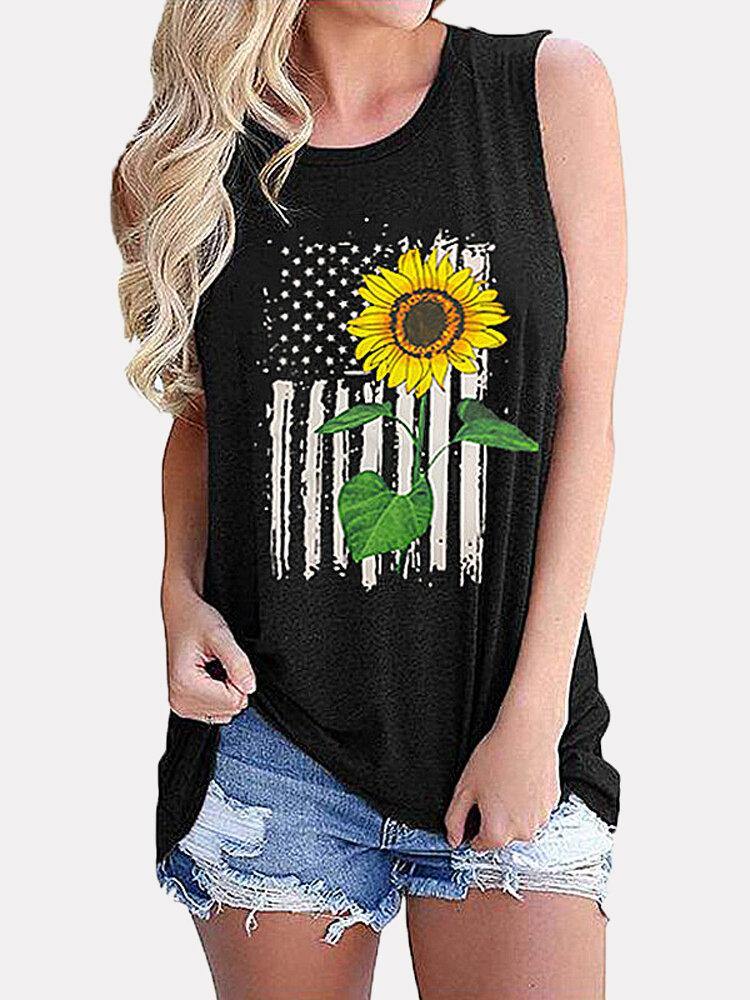Women Sleeveless Flag Sunflower Print Independence Day Loose Tank Tops - Trendha