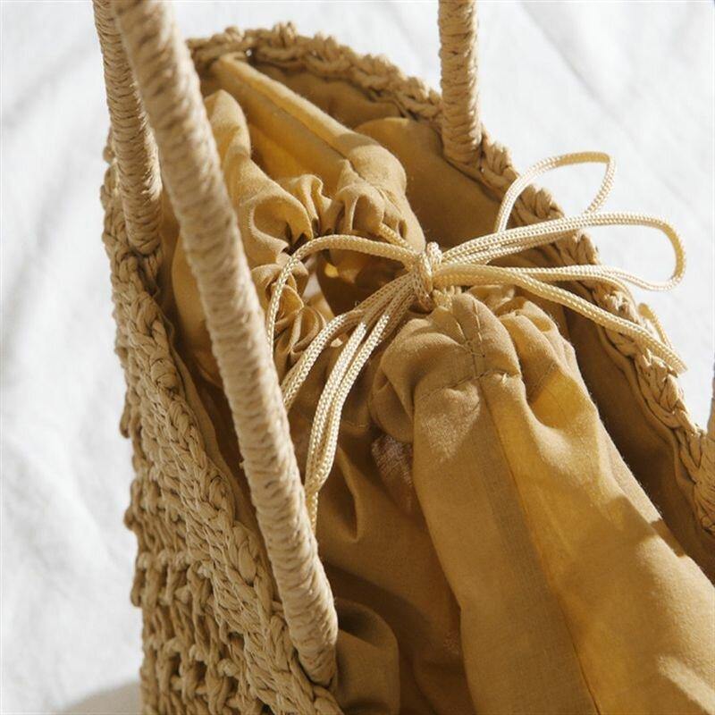 Women Straw Hollow Retro Handmade Paper String Cylindrical Bag Beach Bag Handbag - Trendha
