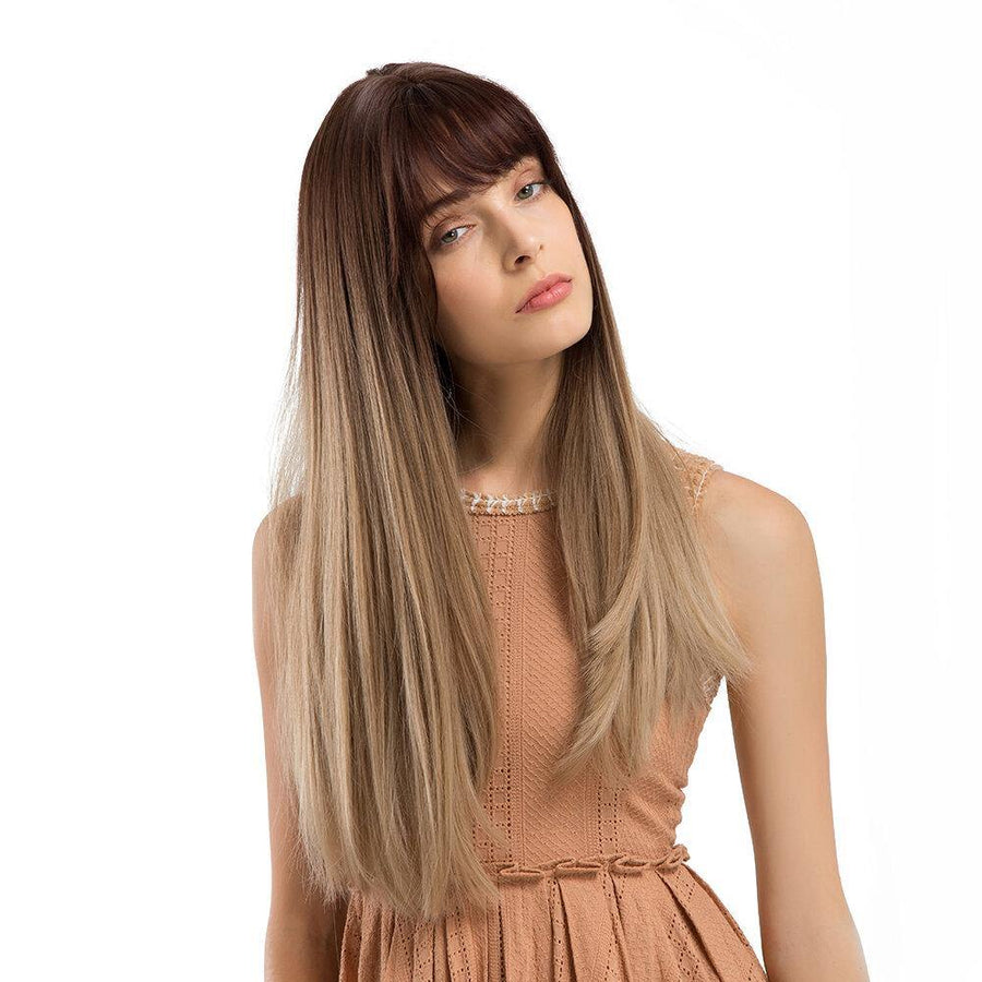 Charming Fluffy Straight Hair Wig High-Temperature Fiber Natural Long Hair Full Wigs Gradual Brown - Trendha