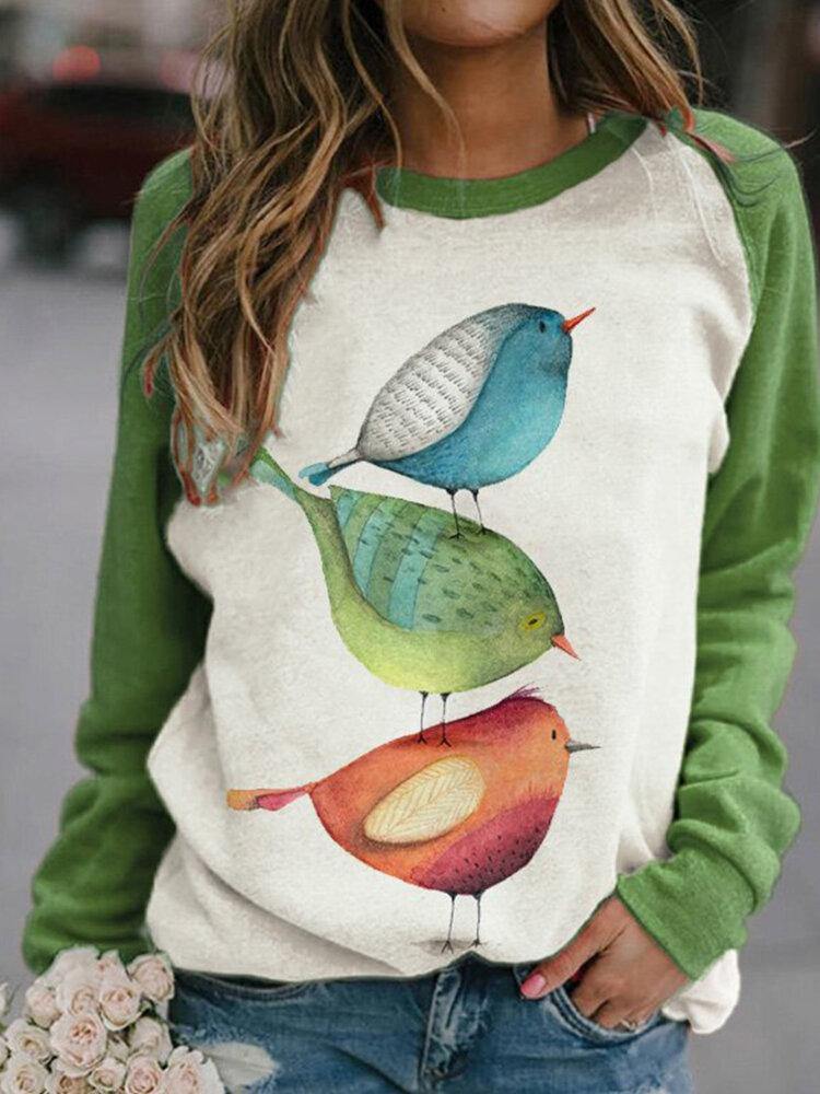 Women Cartoon Bird Print O-Neck Raglan Sleeves Pullover Sweatshirts - Trendha